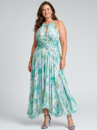 Portia™ Robe mi-longue plissée dos nu à imprimé floral délicat