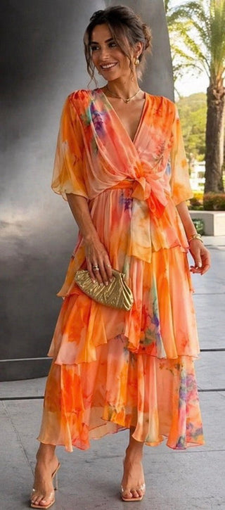 Kimberly | Robe Midi Aquarelle à Volants