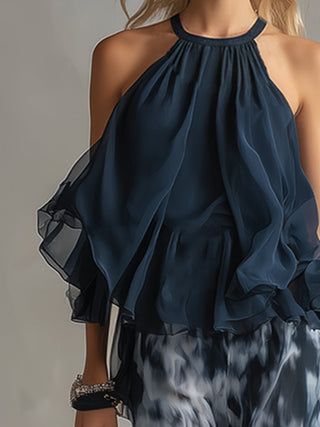 Ludovica | Ensemble élégant avec un haut col montant et un pantalon imprimé à coupe large