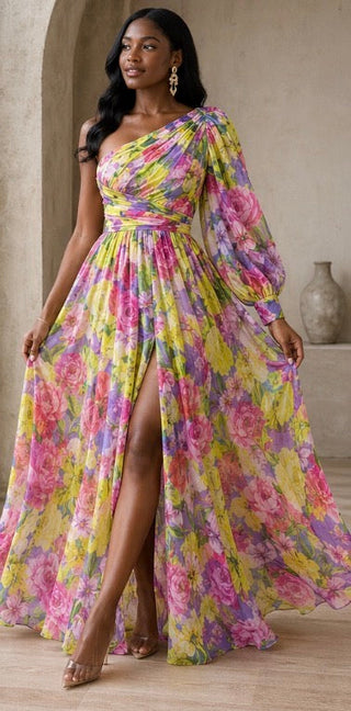 Elowen | Robe Maxi Fleurie à Une Épaule
