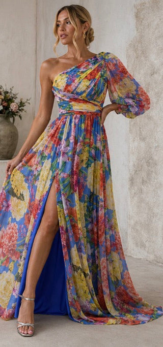 Elowen | Robe Maxi Fleurie à Une Épaule