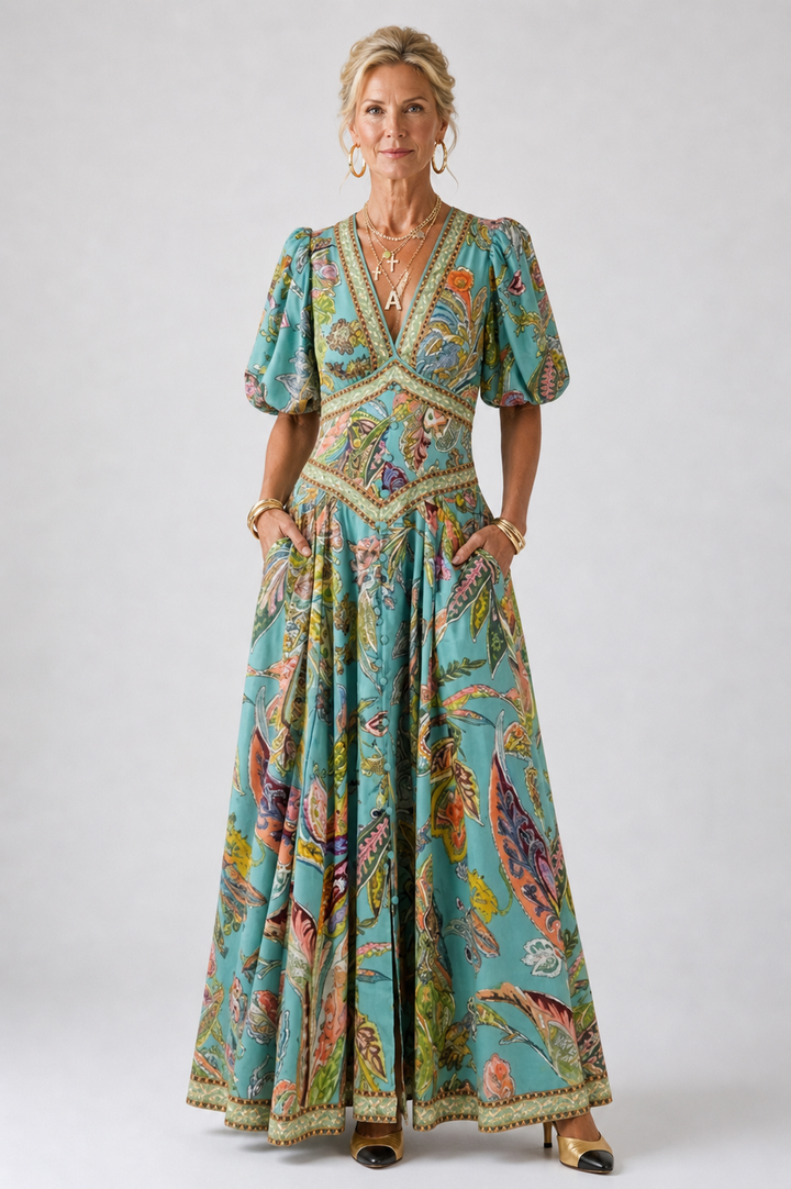 Cynthia | Robe Maxi à Manches Bouffantes Fluides