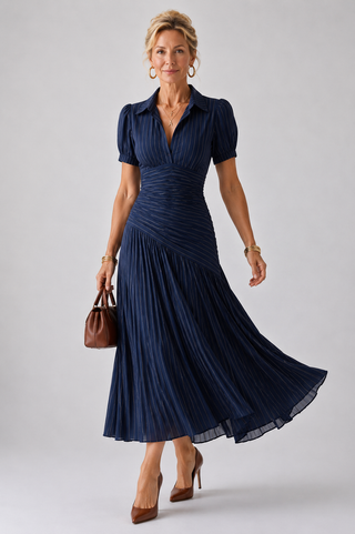 Constance | Robe Midi Rayée à Taille Plissée