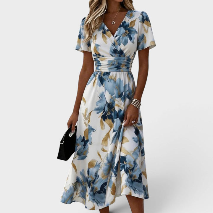 Elara | Robe Midi à Taille Enveloppante Fleurie