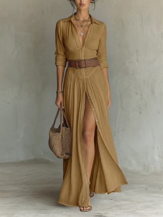 Helenia | Robe Maxi longue avec col découpé et manches longues pour femmes