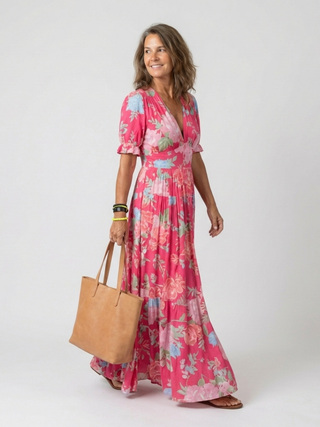 Ione | Robe Midi Fleurie à Manches Courtes et Col V