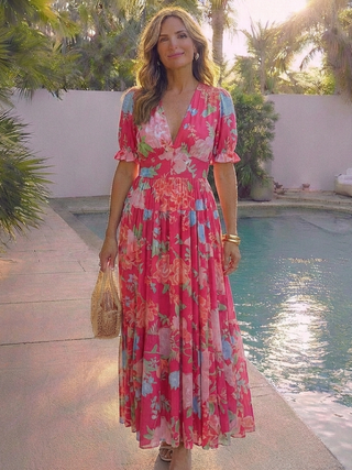 Ione | Robe Midi Fleurie à Manches Courtes et Col V