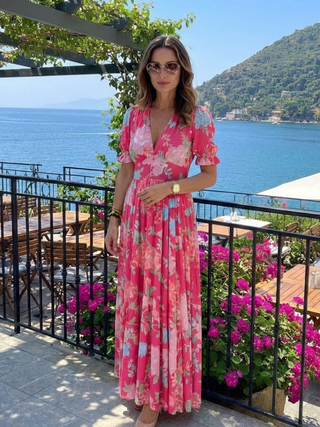 Ione | Robe Midi Fleurie à Manches Courtes et Col V
