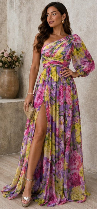 Elowen | Robe Maxi Fleurie à Une Épaule