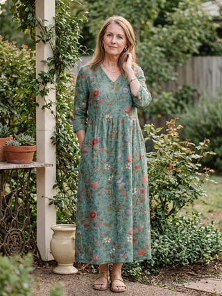 Marina | Robe Maxi à Encolure en V Florale à Manches Trois Quarts