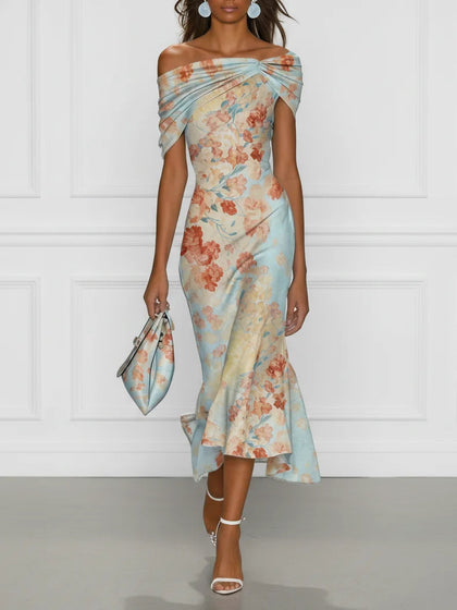 Vittoria - Robe mi-longue sirène sans manches à épaules dénudées et motif fleuri bleu