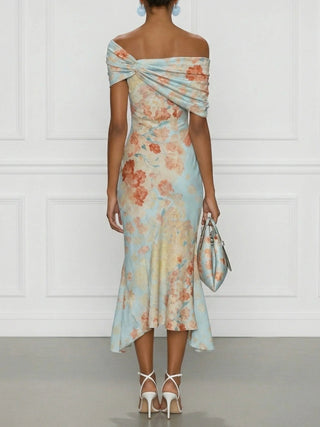 Vittoria - Robe mi-longue sirène sans manches à épaules dénudées et motif fleuri bleu