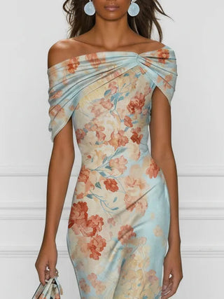 Vittoria - Robe mi-longue sirène sans manches à épaules dénudées et motif fleuri bleu