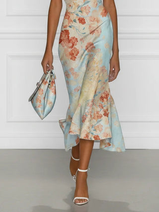 Vittoria - Robe mi-longue sirène sans manches à épaules dénudées et motif fleuri bleu