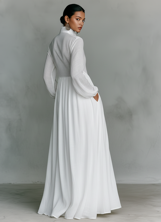 Sita | Robe maxi en patchwork, col montant et manches longues