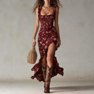 Zara | Robe longue fleurie bohème froncée avec fente latérale
