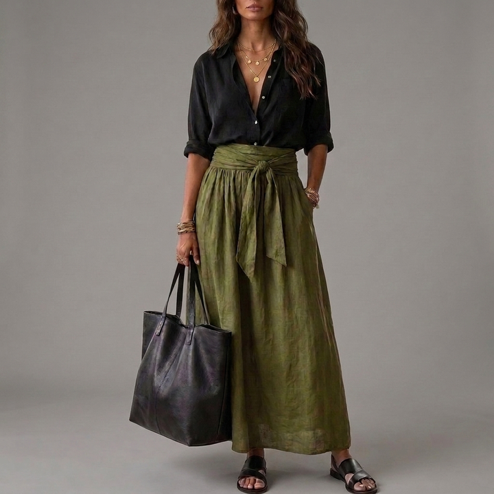 SAHARA | Ensemble Deux Pièces : Haut Noir et Jupe Midi Verte Olive