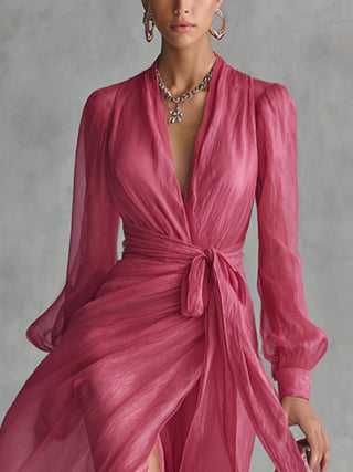 Beatrice | Robe Longue Élégante en Chiffon à Décolleté en V et Taille Liée