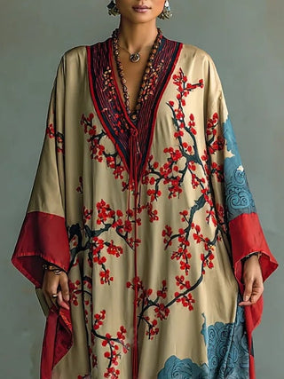 Robe Maxi en Fleurs de Prunier Rouge Japonais avec Manches Chauve-Souris et Imprimé