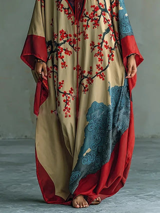 Robe Maxi en Fleurs de Prunier Rouge Japonais avec Manches Chauve-Souris et Imprimé
