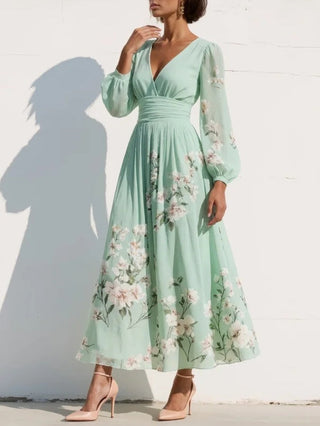 Robe longue plissée en mousseline vert menthe à imprimé floral pour femme