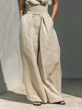 Aurora | Ensemble coordonné beige décontracté sans manches à jambe large