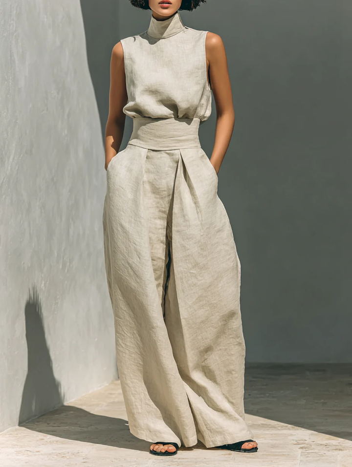 Aurora | Ensemble coordonné beige décontracté sans manches à jambe large