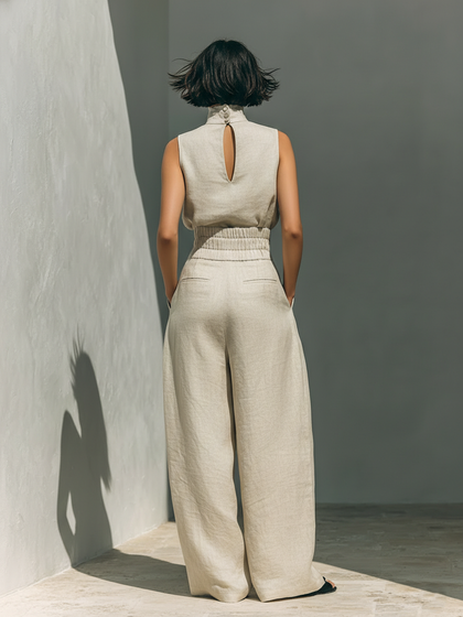 Aurora | Ensemble coordonné beige décontracté sans manches à jambe large