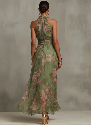 Serena — Robe longue en mousseline fleurie à encolure licou
