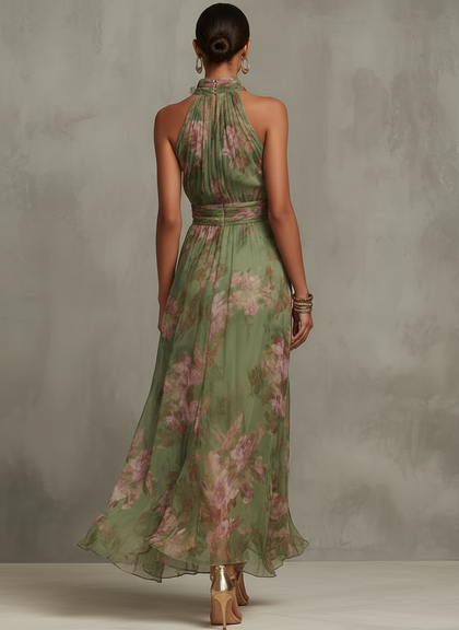 Serena — Robe longue en mousseline fleurie à encolure licou