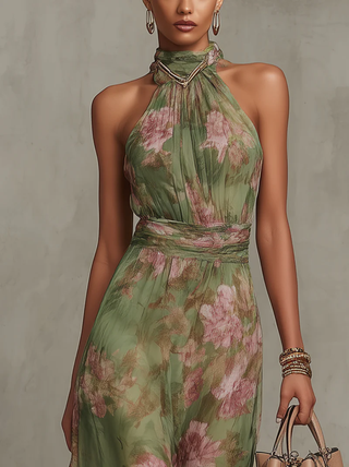 Serena — Robe longue en mousseline fleurie à encolure licou