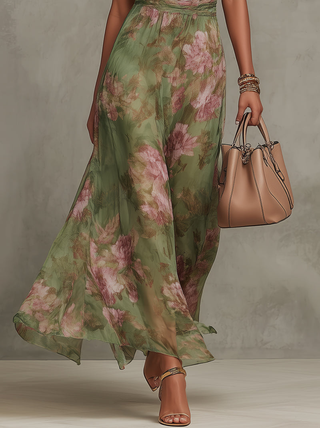 Serena — Robe longue en mousseline fleurie à encolure licou