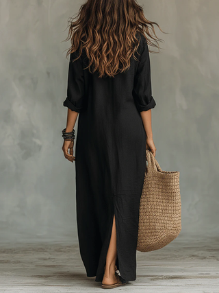 Soline™ | Robe longue noire ample à boutons