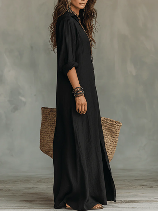 Soline™ | Robe longue noire ample à boutons