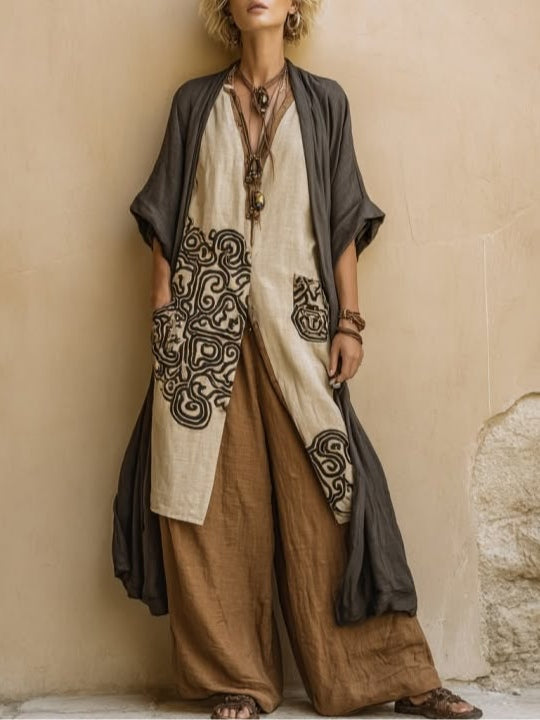 Giulia - Ensemble bohème nomade trois pièces gris foncé et brun à motif tribal