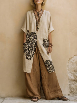 Giulia - Ensemble bohème nomade trois pièces gris foncé et brun à motif tribal