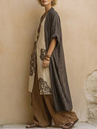 Giulia - Ensemble bohème nomade trois pièces gris foncé et brun à motif tribal