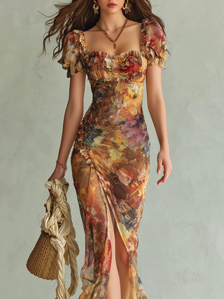 Viola | Robe longue orange en mousseline à imprimé peinture à l'huile de style bohème