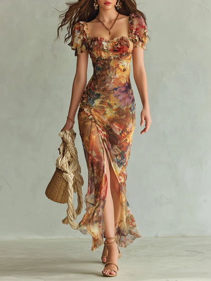 Viola | Robe longue orange en mousseline à imprimé peinture à l'huile de style bohème
