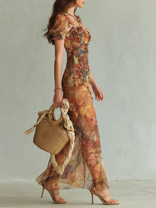 Viola | Robe longue orange en mousseline à imprimé peinture à l'huile de style bohème