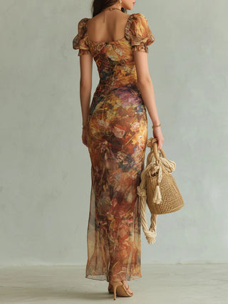 Viola | Robe longue orange en mousseline à imprimé peinture à l'huile de style bohème