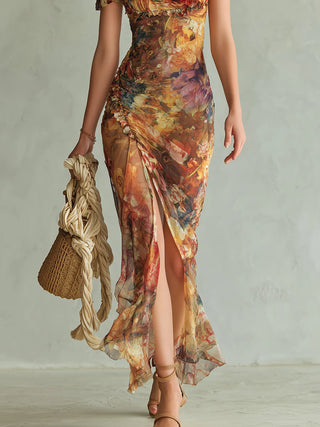 Viola | Robe longue orange en mousseline à imprimé peinture à l'huile de style bohème
