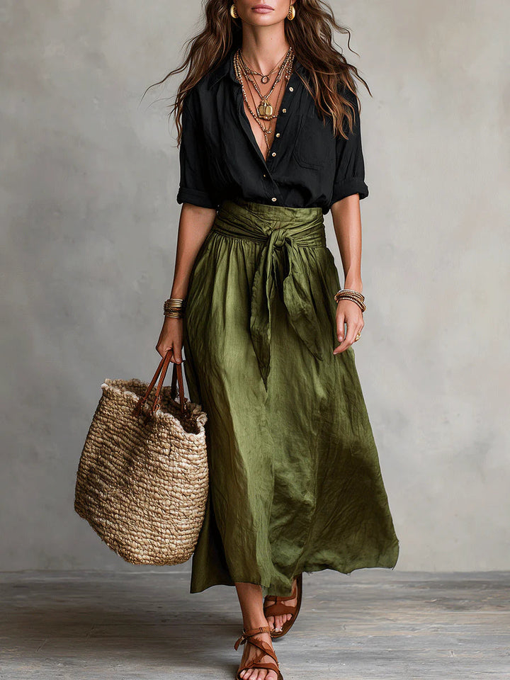 Vera™ | Ensemble deux pièces : haut noir et jupe mi-longue vert olive