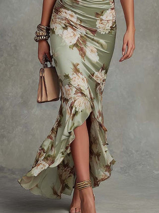 Anna - Robe longue asymétrique en satin vert à col en V, manches bouffantes évasées et imprimé floral