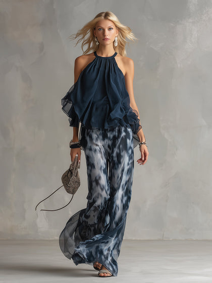 Ludovica | Ensemble haut licou marine et pantalon large imprimé