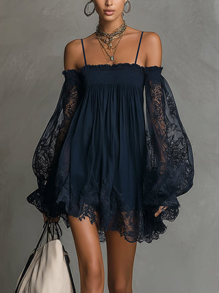 Noemi™ | Robe Mini en Chiffon de Dentelle Marine