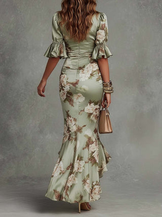 Anastasia | Robe longue en satin à fleurs – North & Co. Canada