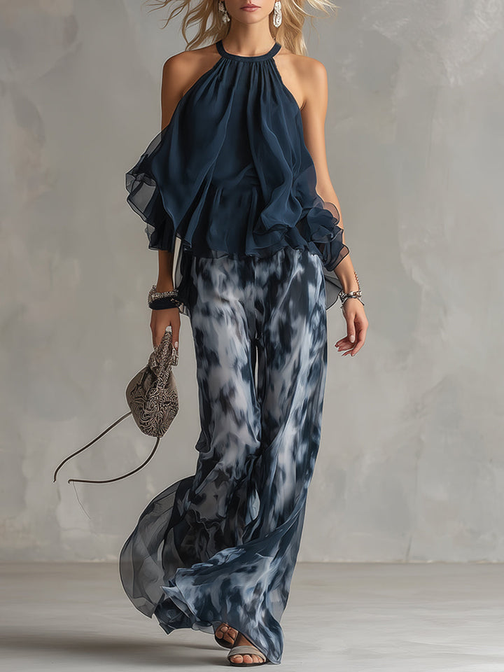 Ludovica | Ensemble haut licou marine et pantalon large imprimé