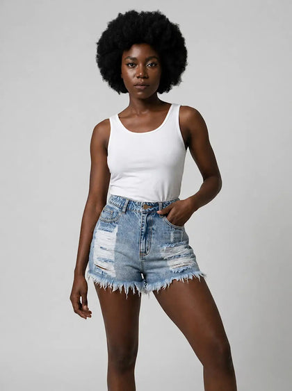 Cleo™ – Distressed High-Waist Denim Shorts – North & Co. Canada