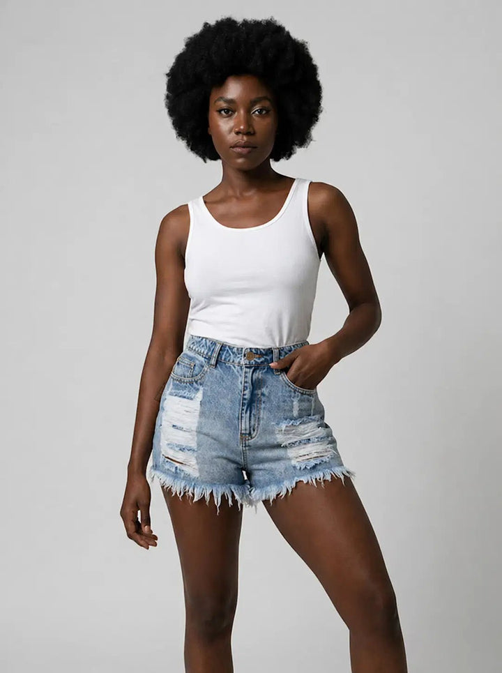 Cleo™ | Short en denim taille haute effet usé – North & Co. Canada